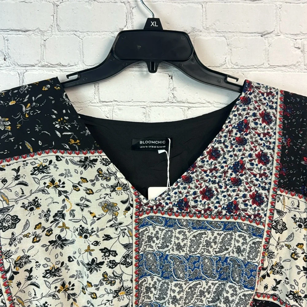 BloomChic Patchwork Pattern Flowy Elastic Waist Shark Bite Hem Top Plus Size 1X - Picture 4 of 8